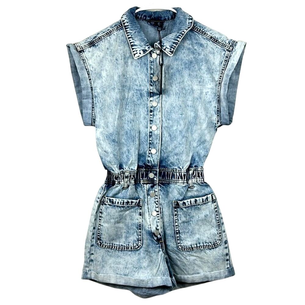 Blank NYC Womens XS Boho Button Up Denim Jean Casual Romper Elastic Waist NWT